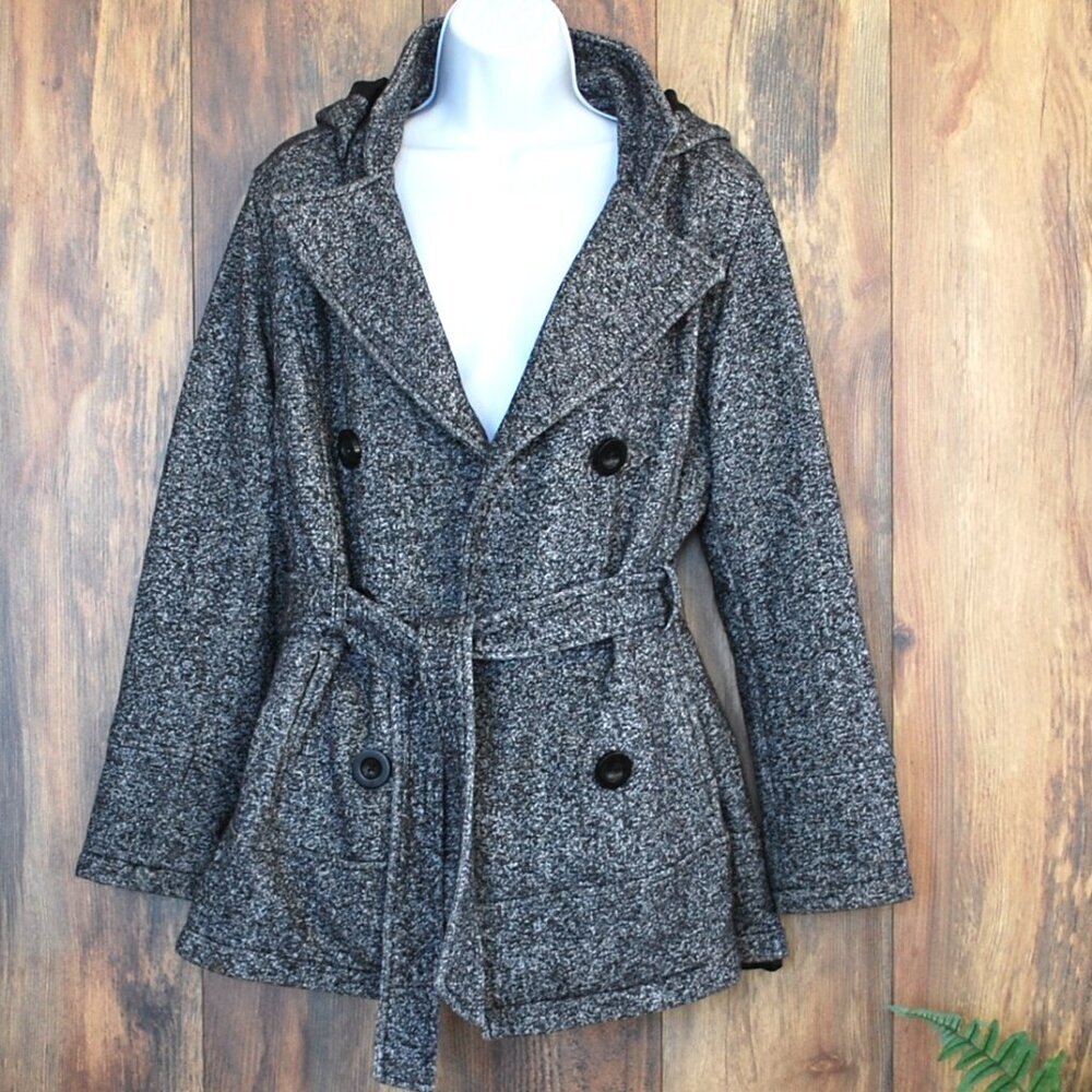 Details INTL Black/White Women's Speckled Double Breast Pea Coat M